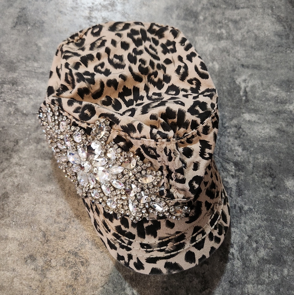 Olive and Pique cheetah print hat with bedazzling